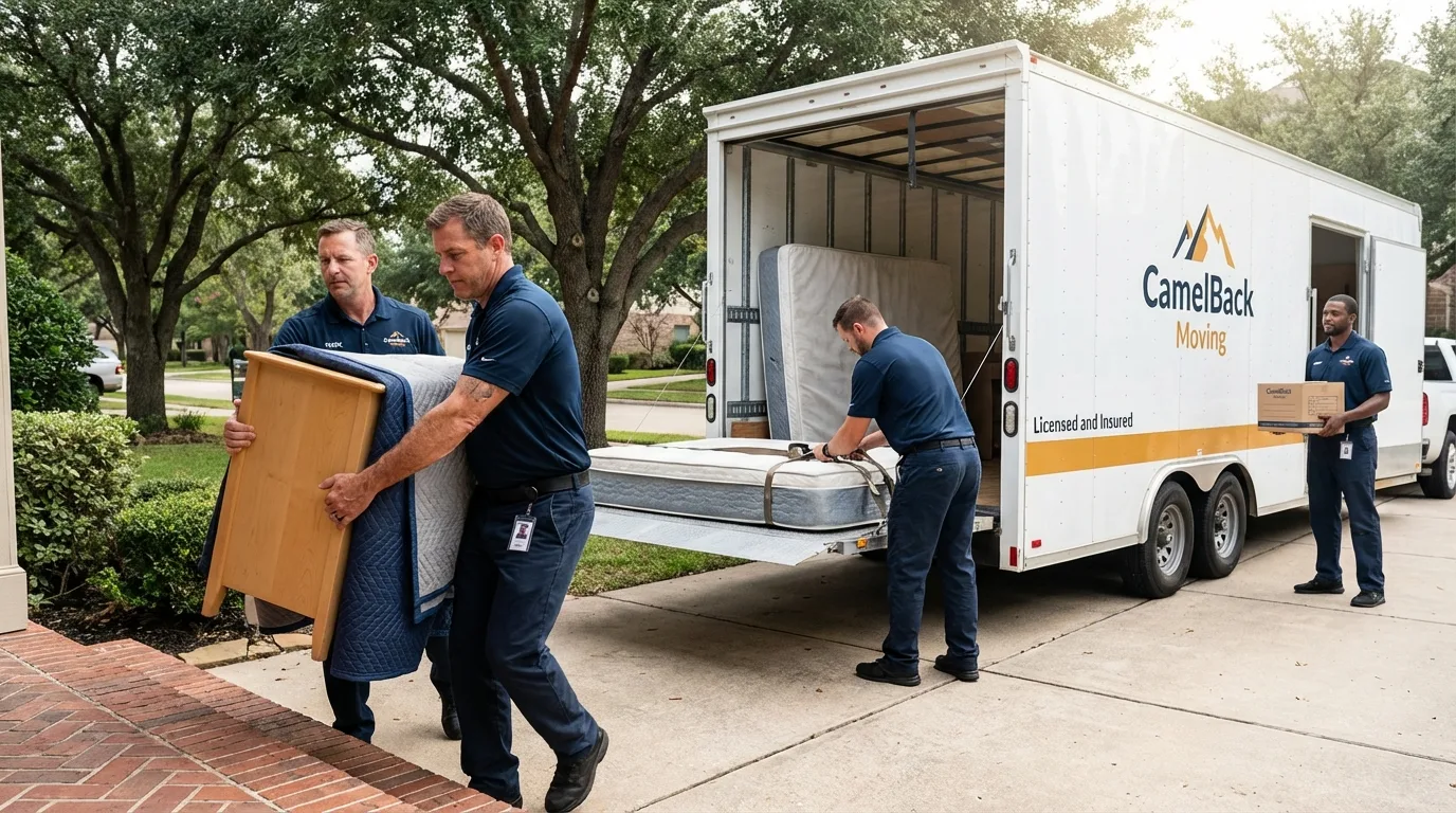 Crew loading residential truck for cross-state move from Byron, CA