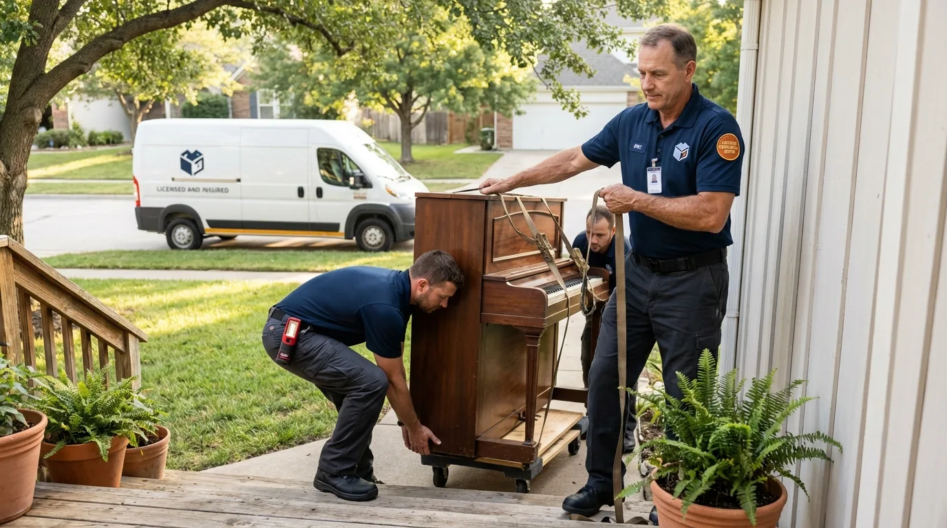 Licensed piano movers securing grand piano in Byron, CA
