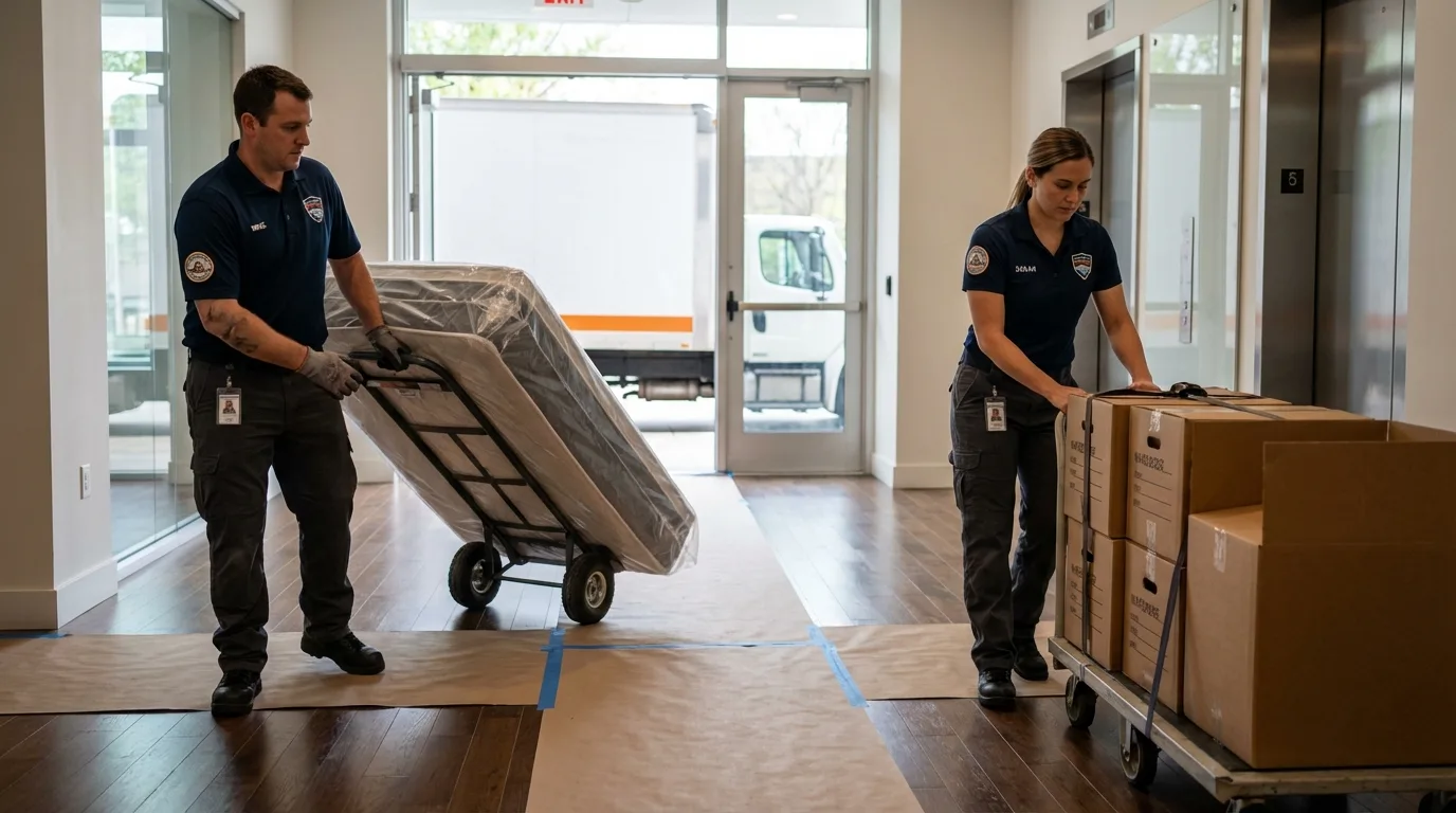 Professional apartment movers loading elevator in Byron, CA