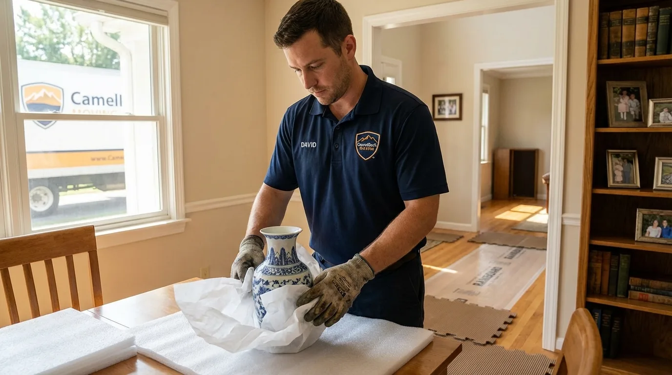 Professional crew carefully wrapping antique vase for senior downsizing move in Byron, CA